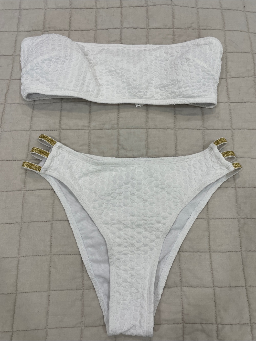 White Textured Strapless Bikini Set with Gold Accent Straps